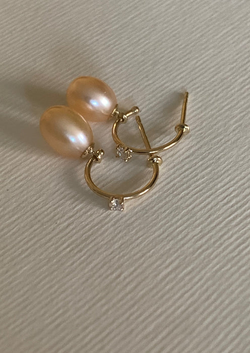 white diamond and blush pearl hoops